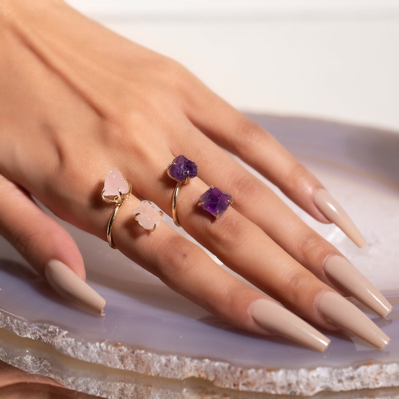 Eternal Love Rose Quartz and Amethyst Double The Attention Ring In Gold Duo - Beau Life